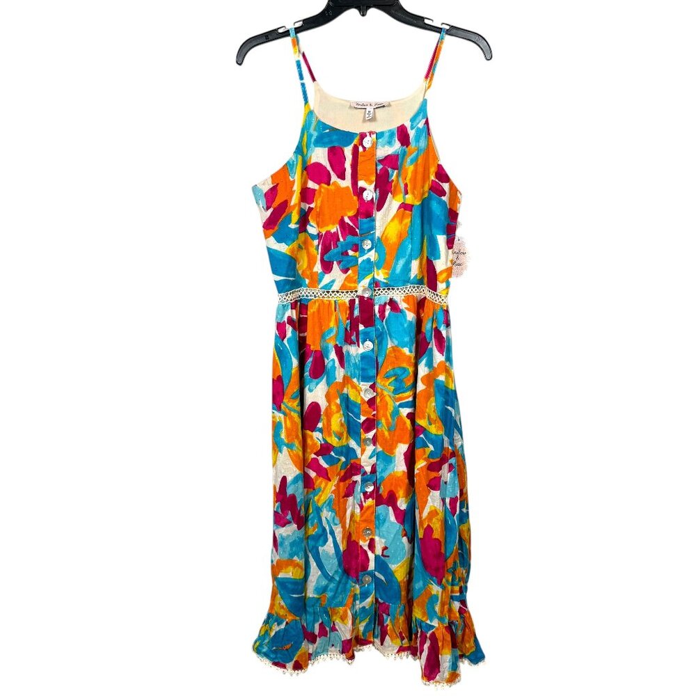 Harlow & Rose Summer Dress Medium Blue Pink Multicolor Floral Abstract Crochet